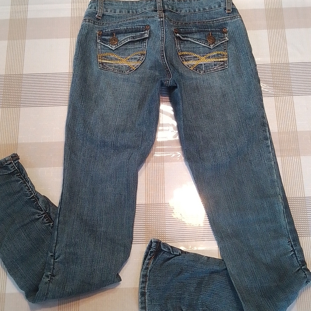 Ruched Leg Blue Jeans, Low Rise, Dark Blue, Inseam 32” (size 27)